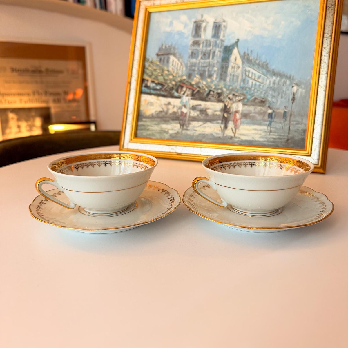 French Porcelain Tea Cups & Saucers — Set of 2