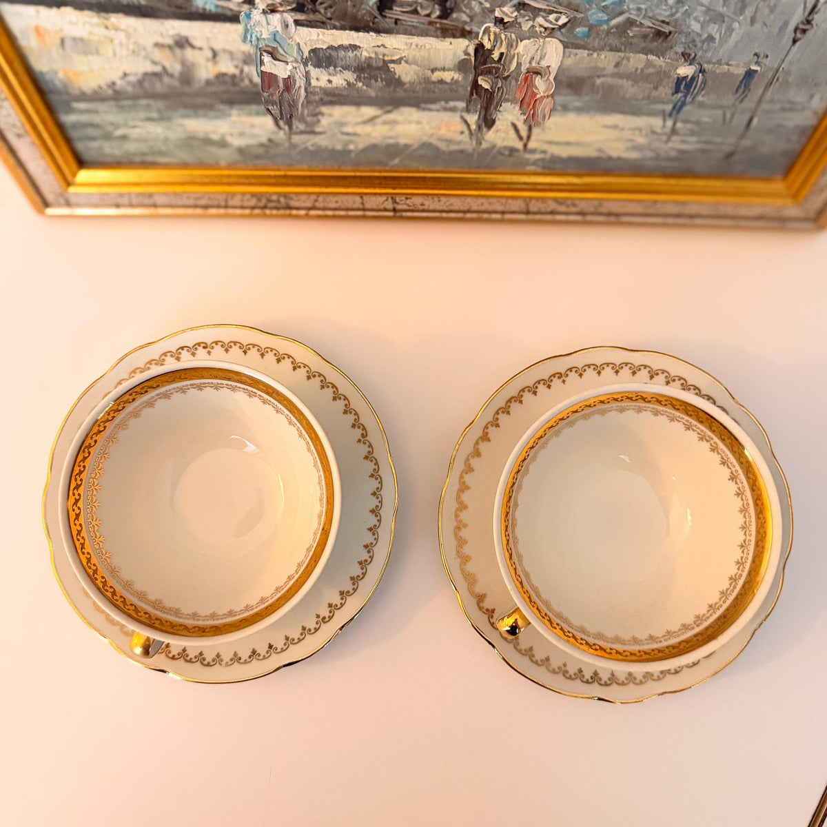 French Porcelain Tea Cups & Saucers — Set of 2