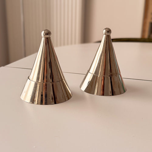 Matching pair of vintage Alessi La Conica silver tone cone tealight holders – photograph 1
