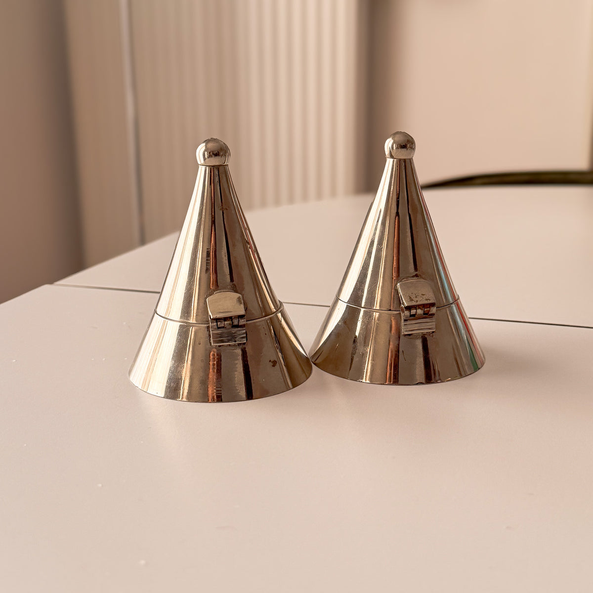 Matching pair of vintage Alessi La Conica silver tone cone tealight holders – photograph 3