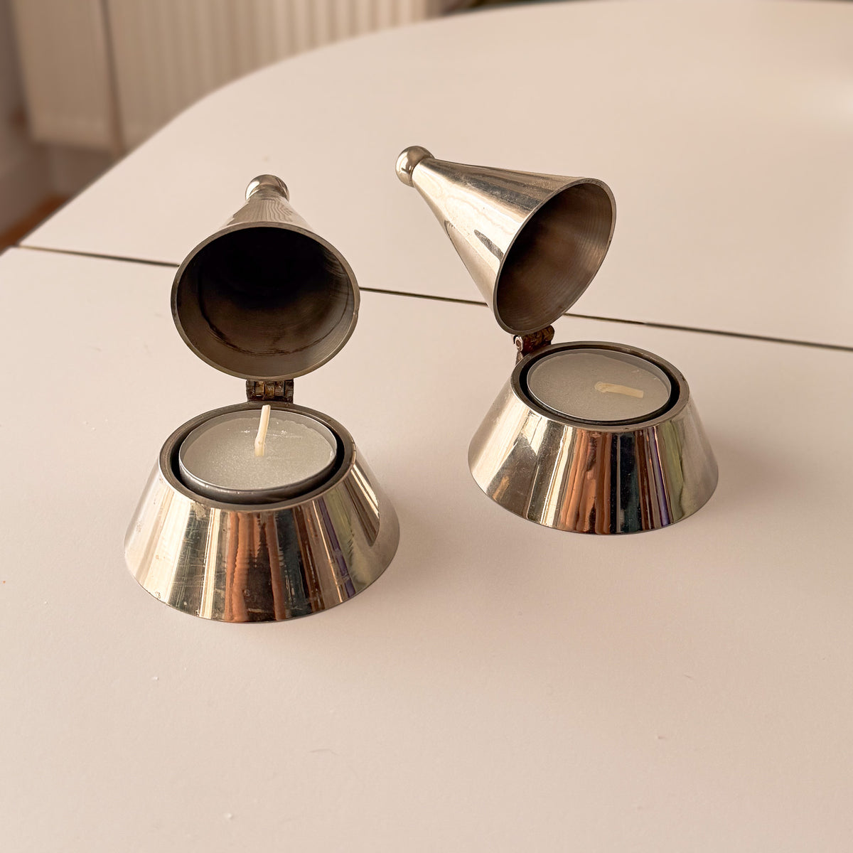 Matching pair of vintage Alessi La Conica silver tone cone tealight holders – photograph 4