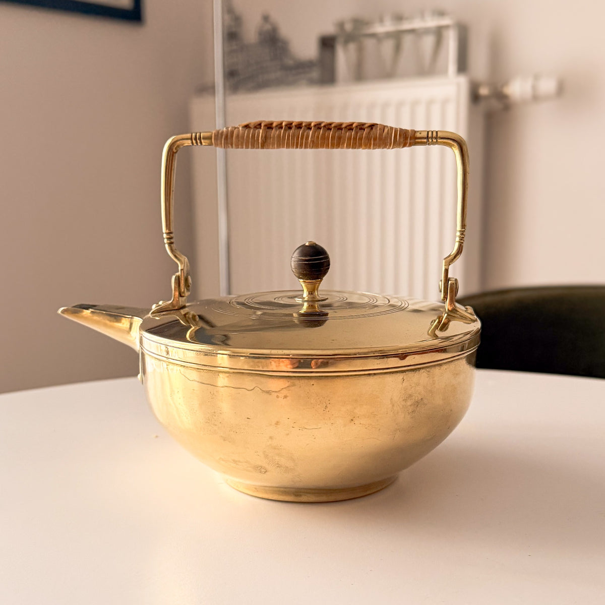 Vintage Jan Eisenloeffel brass Art Nouveau teapot with woven handle, side view