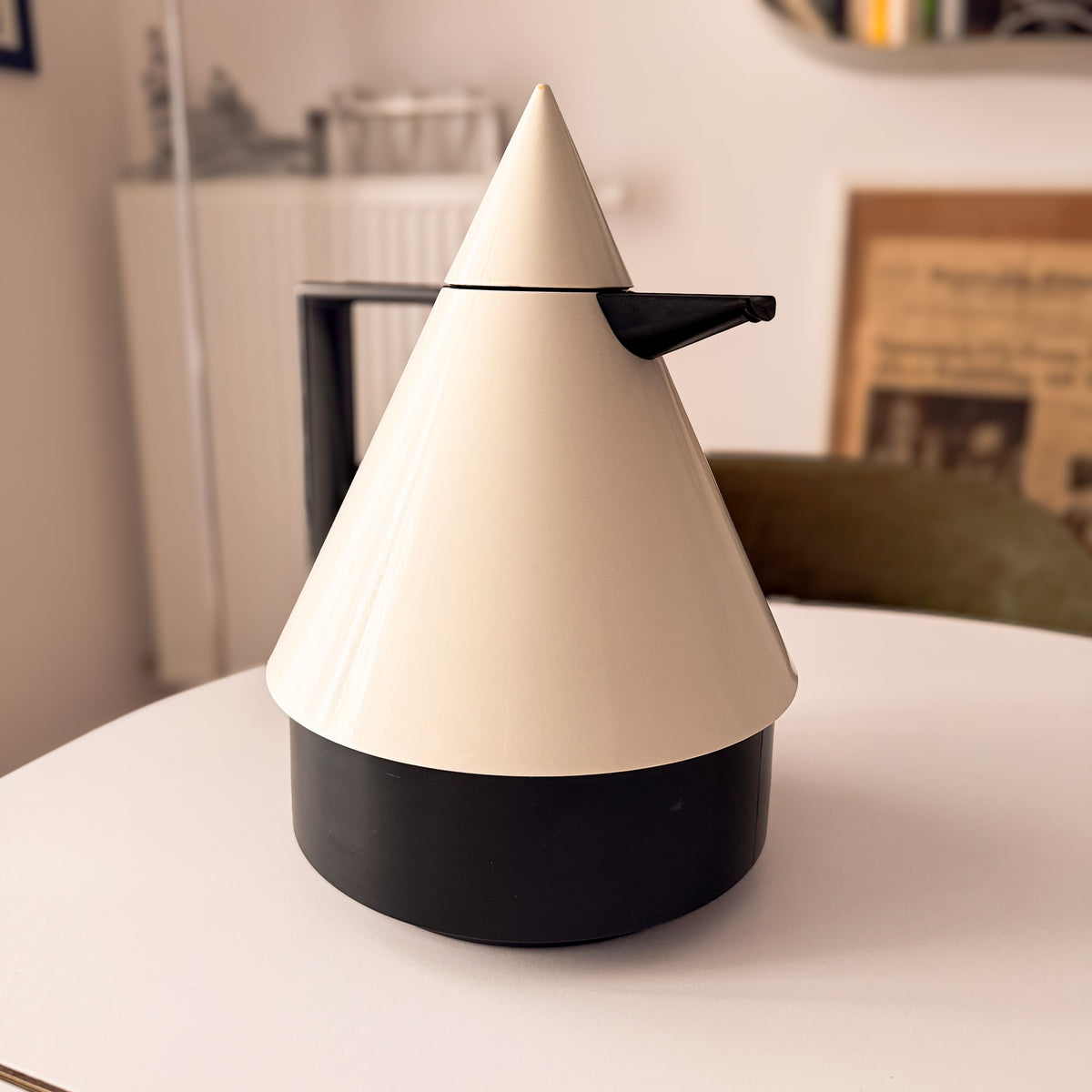 Vintage Emsa RIO postmodern West German ivory and black thermos side profile